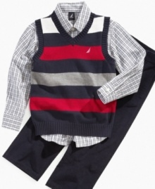 Your little guy will be sporting big guy style in this cute sweater vest, shirt and corduroy pants set by Nautica. Your little guy will be sporting big guy style in this cute sweater vest, shirt and corduroy pants set by Nautica.