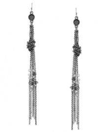 Fringe benefits. Delicate chains and clear and grey-colored glass accents adorn Jessica Simpson's chic, shoulder-dusting style. Earrings crafted in silver tone mixed metal on ear wire. Approximate drop: 4-1/2 inches. Fringe benefits. Delicate chains and clear and grey-colored glass accents adorn Jessica Simpson's chic, shoulder-dusting style. Earrings crafted in silver tone mixed metal on ear wire. Approximate drop: 4-1/2 inches.