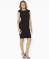 Lauren by Ralph Lauren's sleek matte jersey dress is made glamorous with a sequin-and-lace overlay, creating an elegant cocktail silhouette.