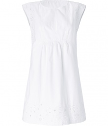 Luxe dress in fine, pure white cotton - Gorgeous, densely woven fabric features rich, intricate embroidery at hem and half-sleeves - Slim, modified A-line silhouette and flattering empire waist - Round neck with key hole detail at bodice - Gently pleated skirt hits above the knee - Romantic and ultra-feminine, perfect for parties and evenings out - Pair with strappy sandals or peep toe pumps and a statement clutch