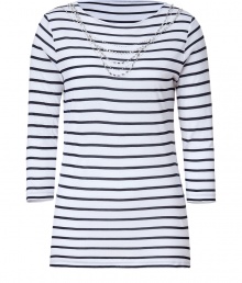 Classic nautical stripes and a quirky-cool necklace detail make this fun top from Steffen Schraut a stylish girls must-have - Bateau neck, three-quarter sleeves, slim fit, long body, all-over stripes, necklace detail at neckline - Pair with skinny jeans, embellished ballet flats, and a boyfriend blazer Classic nautical stripes and a quirky-cool necklace detail make this fun top from Steffen Schraut a stylish girls must-have - Bateau neck, three-quarter sleeves, slim fit, long body, all-over stripes, necklace detail at neckline - Pair with skinny jeans, embellished ballet flats, and a boyfriend blazer