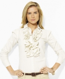 A cascade of romantic ruffles adds a decidedly feminine look to the structured silhouette of Lauren Jeans Co.'s chic blouse in crisp cotton broadcloth. A cascade of romantic ruffles adds a decidedly feminine look to the structured silhouette of Lauren Jeans Co.'s chic blouse in crisp cotton broadcloth.
