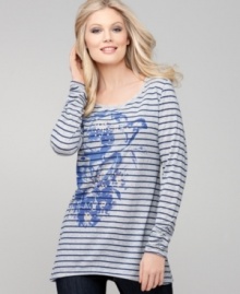 Style&co. gives a petite striped top some feminine flair, adorning it with a floral print and a dose of gold studding at the front. (Clearance) Style&co. gives a petite striped top some feminine flair, adorning it with a floral print and a dose of gold studding at the front. (Clearance)
