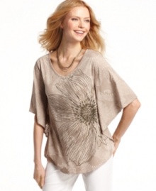 Style&co. gets natural with a subtle, tonal floral print atop a softly-flowing batwing sleeve petite tunic!