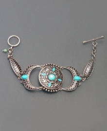 A touch of exotic charm and semi-precious stone accents add rich beauty to this silvertone mixed metal bracelet by Lucky Brand. Measures approximately 7-1/2 inches long. A touch of exotic charm and semi-precious stone accents add rich beauty to this silvertone mixed metal bracelet by Lucky Brand. Measures approximately 7-1/2 inches long.