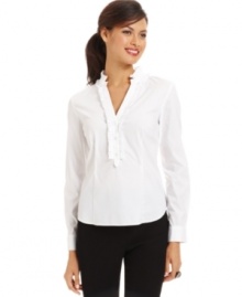 Ruffles update a classic white shirt from Nine West. The tailored fit makes this a perfect piece for layering with your skirts and pantsuits. Ruffles update a classic white shirt from Nine West. The tailored fit makes this a perfect piece for layering with your skirts and pantsuits.