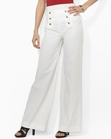 The ever-classic yet always stylish sailor pant channels breezy, summery appeal with a flowy, wide-leg silhouette of lightweight cotton twill. The ever-classic yet always stylish sailor pant channels breezy, summery appeal with a flowy, wide-leg silhouette of lightweight cotton twill.