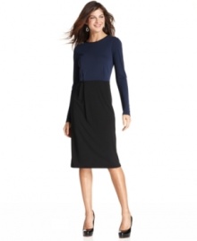 Jones New York's clever petite sheath dress looks like separates thanks to a colorblocked design. Pair it with platform heels for fashion-forward style at the office and beyond! Jones New York's clever petite sheath dress looks like separates thanks to a colorblocked design. Pair it with platform heels for fashion-forward style at the office and beyond!