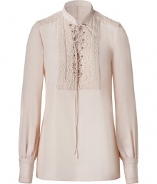Luxurious top made ..from fine nude silk - Immensely flattering and feminine - Stylish tunic cut, slim and slightly longer - With an elegant plastron, shoulder appliqu? and lace-up bodice - Small stand collar and long blouse sleeves - A dream of a top and instant upgrade for simple basics - Pair with pencil skirts, jeans, leather pants Luxurious top made ..from fine nude silk - Immensely flattering and feminine - Stylish tunic cut, slim and slightly longer - With an elegant plastron, shoulder appliqu? and lace-up bodice - Small stand collar and long blouse sleeves - A dream of a top and instant upgrade for simple basics - Pair with pencil skirts, jeans, leather pants
