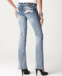 You've never seen jeans like this before! The bootcut denim from Miss Me hugs your curves in all the right places with bold wing details. You've never seen jeans like this before! The bootcut denim from Miss Me hugs your curves in all the right places with bold wing details.