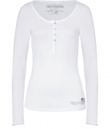 Work an effortless edge into your casual staples with True Religions white henley, detailed in a super soft mix of lightweight cotton-modal - Scoop neckline, long sleeves, logo patch and printing on front and back at hemline - Slim fit - Wear with casual separates and shearling-lined boots Work an effortless edge into your casual staples with True Religions white henley, detailed in a super soft mix of lightweight cotton-modal - Scoop neckline, long sleeves, logo patch and printing on front and back at hemline - Slim fit - Wear with casual separates and shearling-lined boots