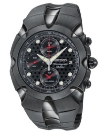 High-tech fashion with the alarm and chronograph features to match from Seiko. Black ion-plated stainless steel bracelet and round case, 39mm. Black dial features silvertone hands and dot markers, logo and three subdials. Quartz movement. Water resistant to 100 meters. Three-year limited warranty. High-tech fashion with the alarm and chronograph features to match from Seiko. Black ion-plated stainless steel bracelet and round case, 39mm. Black dial features silvertone hands and dot markers, logo and three subdials. Quartz movement. Water resistant to 100 meters. Three-year limited warranty.