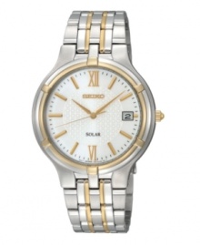 Classically handsome two tone link design pairs with solar technology in this exclusive Seiko watch offering ten-month energy storage, quick start function and energy depletion warning. Two tone mixed metal bracelet and round case, 37mm. Patterned white dial features luminous hands, goldtone stick indices, Roman numerals at twelve and six o'clock, date window at three o'clock and logo. Solar quartz movement. Water resistant to 30 meters. Three-year limited warranty. A Macy's exclusive. Classically handsome two tone link design pairs with solar technology in this exclusive Seiko watch offering ten-month energy storage, quick start function and energy depletion warning. Two tone mixed metal bracelet and round case, 37mm. Patterned white dial features luminous hands, goldtone stick indices, Roman numerals at twelve and six o'clock, date window at three o'clock and logo. Solar quartz movement. Water resistant to 30 meters. Three-year limited warranty. A Macy's exclusive.