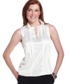 Tahari by ASL's blouse gets a feminine update with a ruffled collar. Tie it anyway you like, too! Tahari by ASL's blouse gets a feminine update with a ruffled collar. Tie it anyway you like, too!
