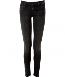 The ultimate edgy must-have, these luxe jeans from It denim brand Mother are the favorite skinnies of the fashion flock - Classic five-pocket styling, stylishly destroyed washed black denim, skinny leg - Form-fitting - Style with an oversized cashmere pullover, biker boots and a leather jacket