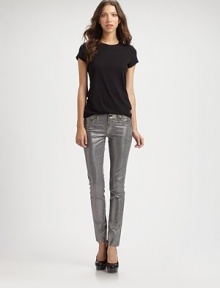 Slightly textured, foil-like finish makes these leggings-style skinnies the must-have style statement of the season. THE FITRise, about 7Inseam, about 31Leg opening, about 10½THE DETAILSButton closureZip flyFive-pocket styleSupima cotton/cotton/modal/polyurethaneMachine washMade in USA of imported fabricModel shown is 5'11 (178cm) wearing US size 4. Slightly textured, foil-like finish makes these leggings-style skinnies the must-have style statement of the season. THE FITRise, about 7Inseam, about 31Leg opening, about 10½THE DETAILSButton closureZip flyFive-pocket styleSupima cotton/cotton/modal/polyurethaneMachine washMade in USA of imported fabricModel shown is 5'11 (178cm) wearing US size 4.