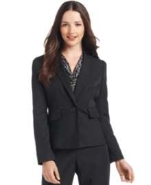Kasper's petite pinstriped blazer takes a feminine turn with a nipped-in waist and multi-directional pinstripes. Kasper's petite pinstriped blazer takes a feminine turn with a nipped-in waist and multi-directional pinstripes.