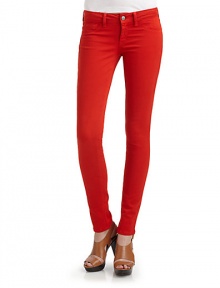 THE LOOKColored skinny leg denim jeansWaistband with belt loopsZip fly with button closureMock curved front pocketsInner right key pocketBack patch pocketsTHE FITRise, about 7Inseam, about 30THE MATERIAL98% cotton/2% spandexCARE & ORIGINMachine washImportedModel shown is 5'11 (180cm) wearing US size 4. THE LOOKColored skinny leg denim jeansWaistband with belt loopsZip fly with button closureMock curved front pocketsInner right key pocketBack patch pocketsTHE FITRise, about 7Inseam, about 30THE MATERIAL98% cotton/2% spandexCARE & ORIGINMachine washImportedModel shown is 5'11 (180cm) wearing US size 4.