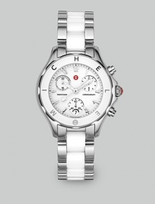 From the Tahitian Collection. A timeless style choice for the wrist crafted in a sleek design of stainless steel and white ceramic, Swiss-made for perfection. Swiss quartz chronograph movement Water-resistant to 5 ATM White enamel bezel Stainless steel case; 35mm (1.38) K1 mineral crystal round face Three chronograph sub dials Date display at 6 o'clock Second hand Ceramic link bracelet; 18mm wide (0.71) Imported From the Tahitian Collection. A timeless style choice for the wrist crafted in a sleek design of stainless steel and white ceramic, Swiss-made for perfection. Swiss quartz chronograph movement Water-resistant to 5 ATM White enamel bezel Stainless steel case; 35mm (1.38) K1 mineral crystal round face Three chronograph sub dials Date display at 6 o'clock Second hand Ceramic link bracelet; 18mm wide (0.71) Imported
