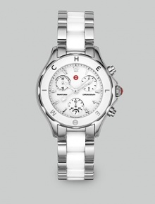 From the Tahitian Collection. A timeless style choice for the wrist crafted in a sleek design of stainless steel and white ceramic, Swiss-made for perfection. Swiss quartz chronograph movement Water-resistant to 5 ATM White enamel bezel Stainless steel case; 35mm (1.38) K1 mineral crystal round face Three chronograph sub dials Date display at 6 o'clock Second hand Ceramic link bracelet; 18mm wide (0.71) Imported