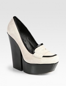 Traditional suede loafer has a modern block heel, platform and contrasting patent leather trim. Stacked heel, 5½ (140mm)Stacked platform, 1 (25mm)Compares to a 4½ heel (115mm)Suede and patent leather upperLeather lining and solePadded insoleImportedOUR FIT MODEL RECOMMENDS ordering one size up as this style runs small. Traditional suede loafer has a modern block heel, platform and contrasting patent leather trim. Stacked heel, 5½ (140mm)Stacked platform, 1 (25mm)Compares to a 4½ heel (115mm)Suede and patent leather upperLeather lining and solePadded insoleImportedOUR FIT MODEL RECOMMENDS ordering one size up as this style runs small.