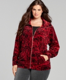 A mixed print spices up Style&co. Sport's plus size velour jacket-- lounge in luxury this season! (Clearance) A mixed print spices up Style&co. Sport's plus size velour jacket-- lounge in luxury this season! (Clearance)