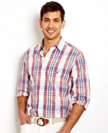 Get that timeless summer look with this madras plaid shirt from Nautica. Get that timeless summer look with this madras plaid shirt from Nautica.