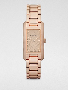A warm timepiece with a iconic, check stamped dial and a slim silhouette. Quartz movementWater resistant to 5 ATMRectangular rose goldtone stainless steel case, 20mm (.78)Smooth bezelNude check stamped dialBar hour markersRose goldtone stainless steel braceletMade in Switzerland A warm timepiece with a iconic, check stamped dial and a slim silhouette. Quartz movementWater resistant to 5 ATMRectangular rose goldtone stainless steel case, 20mm (.78)Smooth bezelNude check stamped dialBar hour markersRose goldtone stainless steel braceletMade in Switzerland