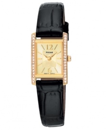 The finest style and design, by Pulsar. This watch features a black croc-embossed leather strap and goldtone rectangular case. Bezel crystallized by Swarovski elements. Champagne dial with goldtone stick indices, logo and numerals at six o'clock and twelve o'clock. Quartz analog movement. Water resistant to 30 meters. Three-year limited warranty. The finest style and design, by Pulsar. This watch features a black croc-embossed leather strap and goldtone rectangular case. Bezel crystallized by Swarovski elements. Champagne dial with goldtone stick indices, logo and numerals at six o'clock and twelve o'clock. Quartz analog movement. Water resistant to 30 meters. Three-year limited warranty.