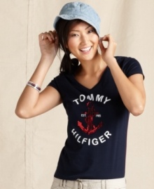Shine on in Tommy Hilfiger's nautical tee, featuring a large logo and anchor crafted from sparkling sequins. Shine on in Tommy Hilfiger's nautical tee, featuring a large logo and anchor crafted from sparkling sequins.