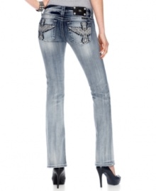 Rhinestone embellished, embroidered eagle wings add eye-catching glam to these Miss Me bootcut jeans -- perfect for a hot look! Rhinestone embellished, embroidered eagle wings add eye-catching glam to these Miss Me bootcut jeans -- perfect for a hot look!