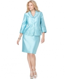 A swirling fabric applique at the hem and cuffs on the jacket of Kasper's plus size skirt suit elevates this shimmery shantung outfit for a special occasion. A swirling fabric applique at the hem and cuffs on the jacket of Kasper's plus size skirt suit elevates this shimmery shantung outfit for a special occasion.