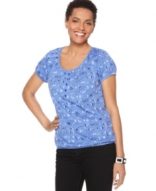 This petite top is styled like a peasant blouse and given a florid scroll print. By Karen Scott. (Clearance) This petite top is styled like a peasant blouse and given a florid scroll print. By Karen Scott. (Clearance)