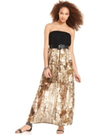 No effort required! Ruby Rox contrasts a strapless top with an animal-print illusion skirt on a maxi dress that nails easy, breezy summertime chic. No effort required! Ruby Rox contrasts a strapless top with an animal-print illusion skirt on a maxi dress that nails easy, breezy summertime chic.