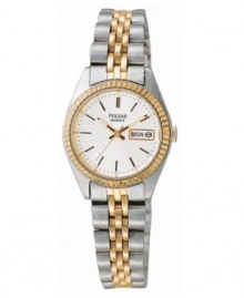 A beautiful, everyday women's watch from Pulsar with fine detailing. Stainless steel silvertone bracelet and round case with goldtone accents. White dial with logo, date window and stick indices. Quartz movement. Water resistant to 30 meters. Three-year limited warranty.