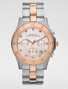 A technical, two-tone stainless steel timepiece with brilliant rhinestone markers. Quartz movementWater resistant to 5 ATMRound stainless steel case, 40mm (1.6)Logo engraved rose goldtone ion-plated bezelSilvertone chronograph dialRhinestone hour markersDate display between 4 and 5 o'clockSecond hand Two-tone stainless steel link braceletImported A technical, two-tone stainless steel timepiece with brilliant rhinestone markers. Quartz movementWater resistant to 5 ATMRound stainless steel case, 40mm (1.6)Logo engraved rose goldtone ion-plated bezelSilvertone chronograph dialRhinestone hour markersDate display between 4 and 5 o'clockSecond hand Two-tone stainless steel link braceletImported