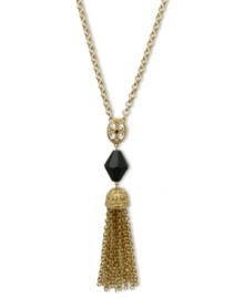 Tasteful in tassels. This elegant pendant necklace from T Tahari combines golden tassel drops, a jet bead and crystal filigree pendant. Crafted in 14K gold-plated mixed metal. Nickel-free for sensitive skin. Approximate length: 17 inches + 3-inch extender. Approximate drop: 3 inches. Tasteful in tassels. This elegant pendant necklace from T Tahari combines golden tassel drops, a jet bead and crystal filigree pendant. Crafted in 14K gold-plated mixed metal. Nickel-free for sensitive skin. Approximate length: 17 inches + 3-inch extender. Approximate drop: 3 inches.