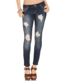 Looking for a pair of jeans with attitude? Shred detail and copper-tone studs pump-up this skinny leg style with tough-girl flavor! From Tinseltown. Looking for a pair of jeans with attitude? Shred detail and copper-tone studs pump-up this skinny leg style with tough-girl flavor! From Tinseltown.