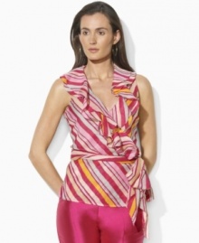 Vibrant stripes and airy ruffles lend a touch of romance to Lauren by Ralph Lauren's elegant petite wrap blouse in slightly sheer woven cotton. (Clearance) Vibrant stripes and airy ruffles lend a touch of romance to Lauren by Ralph Lauren's elegant petite wrap blouse in slightly sheer woven cotton. (Clearance)
