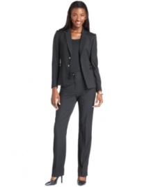 Tahari by ASL ups the ante on your weekday wardrobe with a petite pinstriped suit, made modern with subtle details like buckles, a wide waistband and straight-cut legs. Tahari by ASL ups the ante on your weekday wardrobe with a petite pinstriped suit, made modern with subtle details like buckles, a wide waistband and straight-cut legs.
