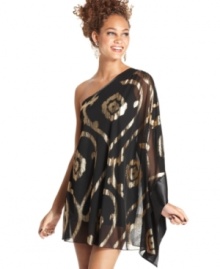 Stand out from the crowd in this hot one-shoulder number from Ruby Rox! A kimono sleeve and sheer overlay add instant glam to a fitted silhouette! Stand out from the crowd in this hot one-shoulder number from Ruby Rox! A kimono sleeve and sheer overlay add instant glam to a fitted silhouette!