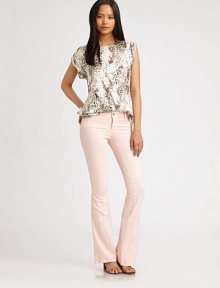 Intricate stitching and flare-leg construction playfully update this fashion favorite. THE FITFitted through hips and thighsFlare-leg constructionRise, about 8Inseam, about 32THE DETAILSButton closureZip flyFive-pocket styling86% cotton/11% polyester/3% spandexDry cleanMade in USAModel shown is 5'10 (177cm) wearing US size 4. Intricate stitching and flare-leg construction playfully update this fashion favorite. THE FITFitted through hips and thighsFlare-leg constructionRise, about 8Inseam, about 32THE DETAILSButton closureZip flyFive-pocket styling86% cotton/11% polyester/3% spandexDry cleanMade in USAModel shown is 5'10 (177cm) wearing US size 4.