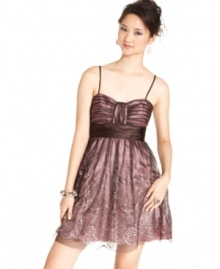Dream dress alert! Glittered flourishes and a lace-up back lend the sweetest style to this classic, a-line party dress from Morgan. Dream dress alert! Glittered flourishes and a lace-up back lend the sweetest style to this classic, a-line party dress from Morgan.